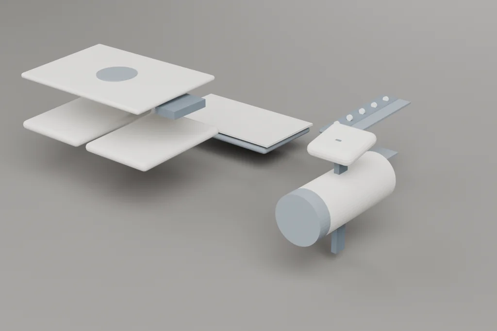 A tee body, a set-in sleeve, a placket and a hem band with a woven label on a benchtop.