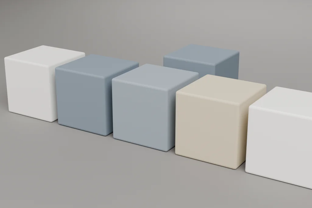 Six material samples: pale cotton, dark cotton, rib knit, cotton twine, ceramic buttons and clay-coloured thread.