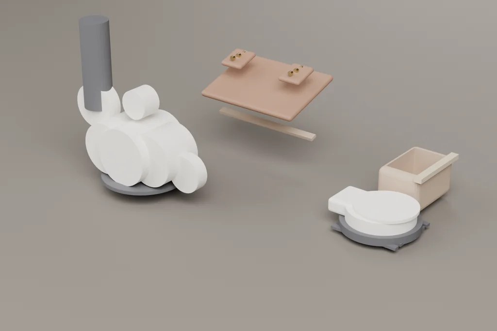 A shoe last, a separated midsole and outsole stack, a cut upper panel and a heel counter on a benchtop.