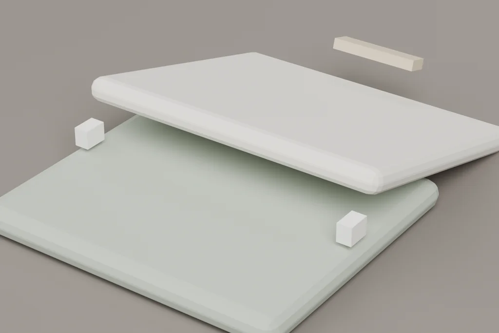 Close view of a folded travel mat showing the two folds, the elastic corner clip and the webbing strap.