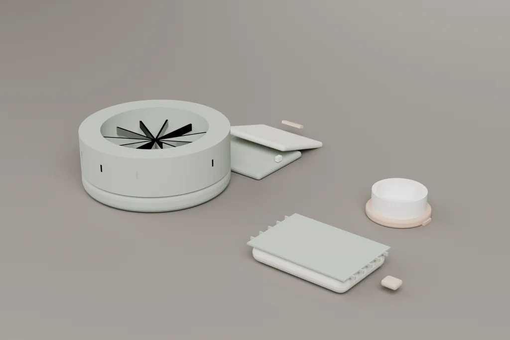 A bolstered pet bed, a loose quilted cushion, a weighted ceramic bowl in a clay stand and a folded travel mat on a benchtop.