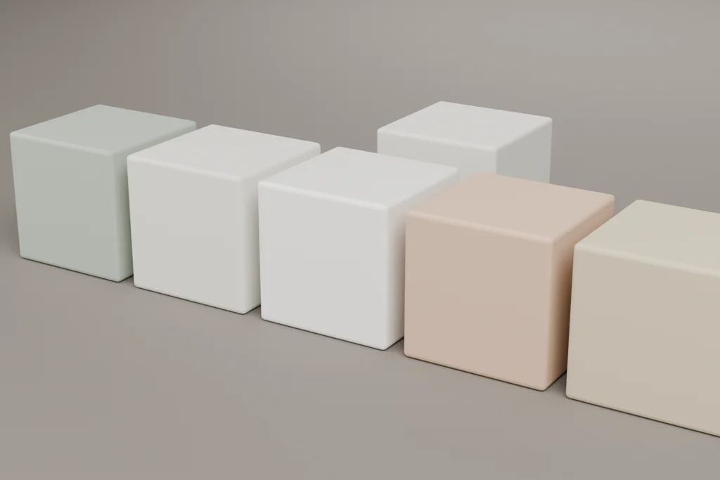 Six material samples: olive canvas, pale canvas, glazed ceramic, weighted clay, cotton webbing and rubber.