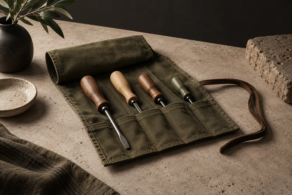 Driver Pouch / fictional An open fabric pouch with separate visible pockets