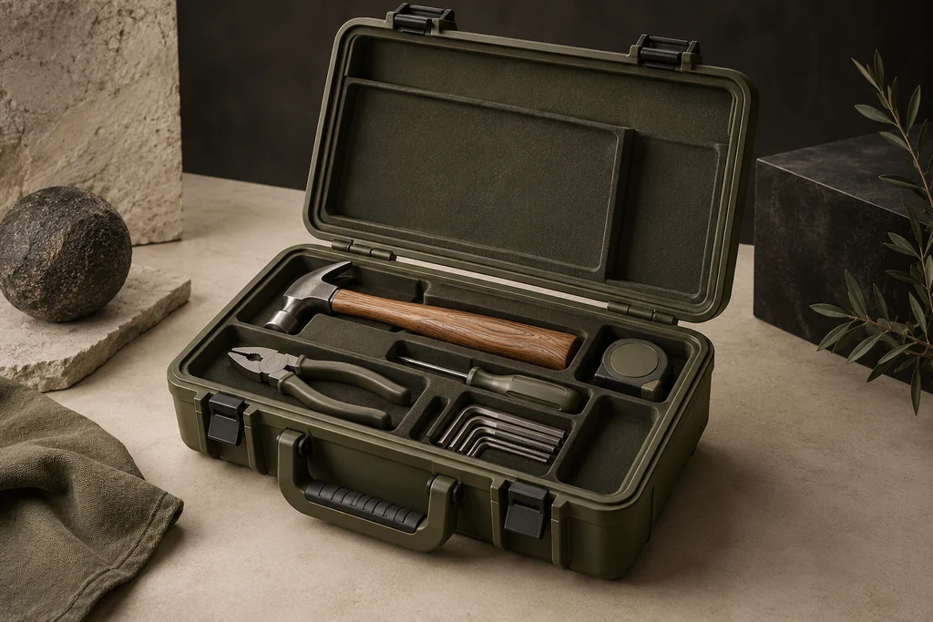 Service Case / fictional An open handled case with a fitted-looking compartment arrangement