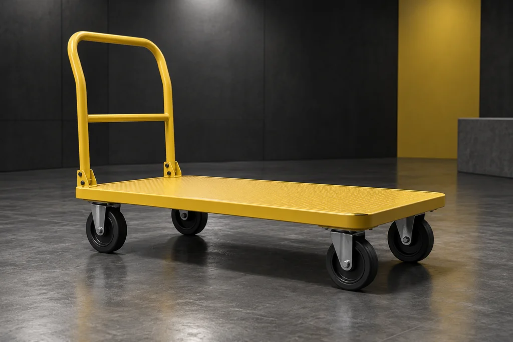 Platform Cart fictional an empty muted-yellow platform with a push handle