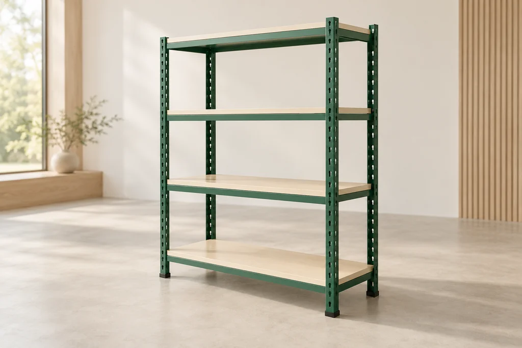 Shelf Bay fictional an empty green open bay with pale shelf faces