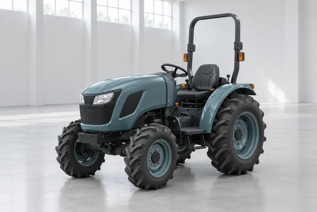 Compact Tractor fictional a slate-teal four-wheel tractor with an open seat