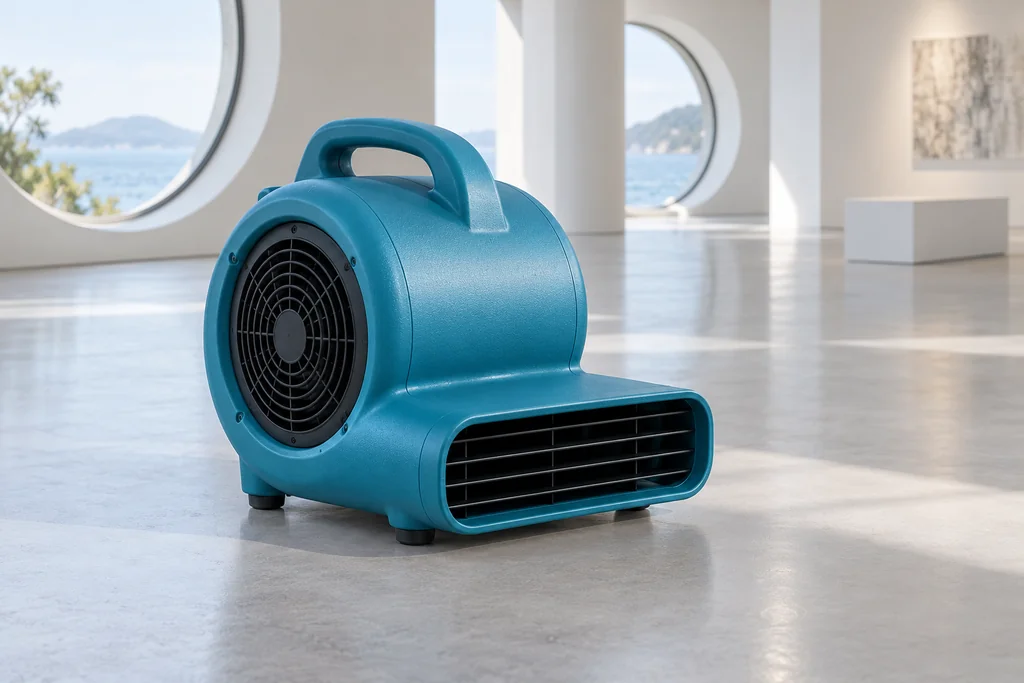 Air Mover fictional a rounded sea-blue housing, handle, grille and outlet