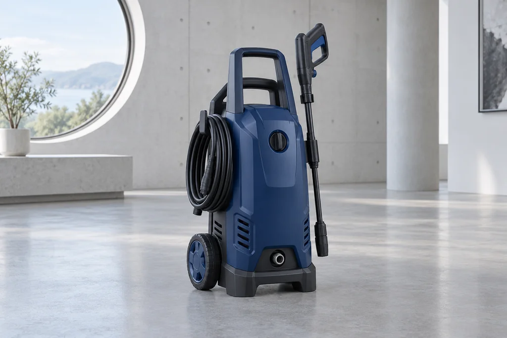 Pressure Washer fictional an upright blue cart with wheels and stored hose/lance