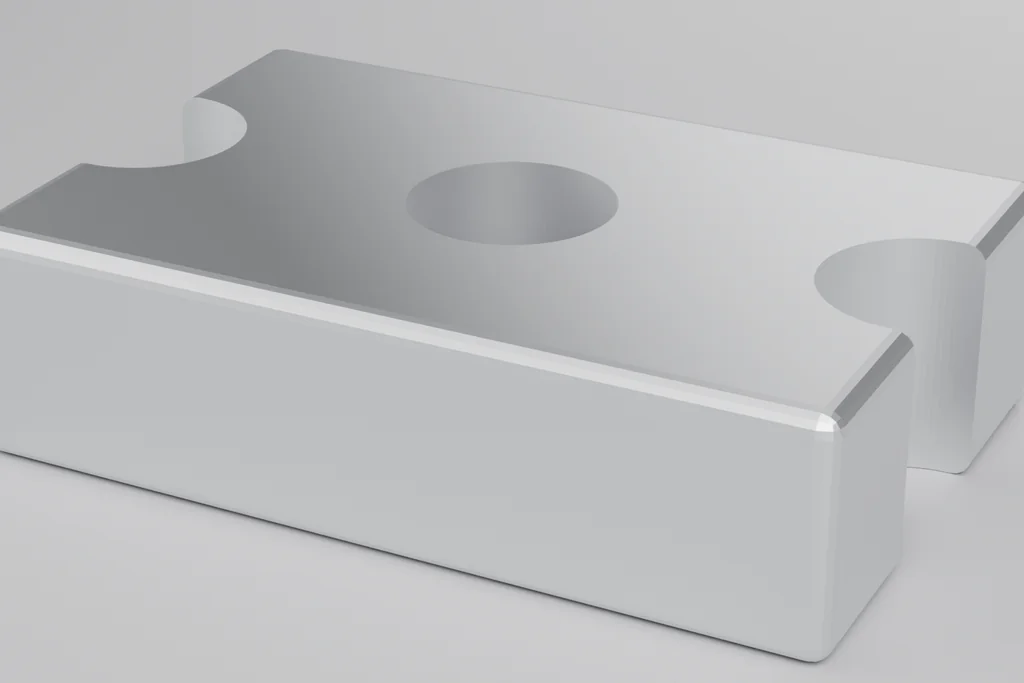 Close view of a milled block showing a bored face pattern and a bevelled edge.