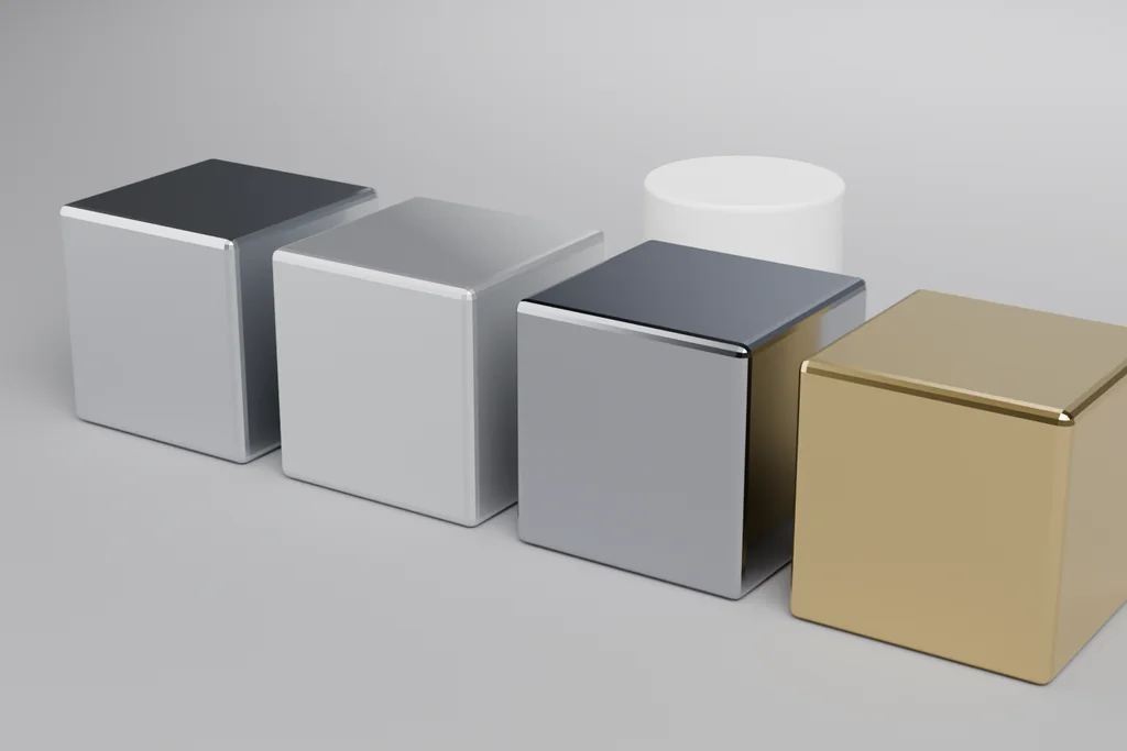 Five material samples on a bench: clear anodised aluminium, satin aluminium, steel, brass and white POM.