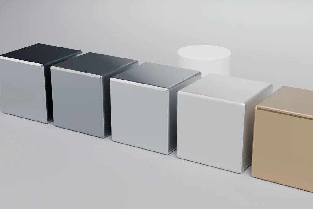 Six material samples on a bench: bright steel, dark steel, aluminium, satin aluminium, bronze and white nylon.