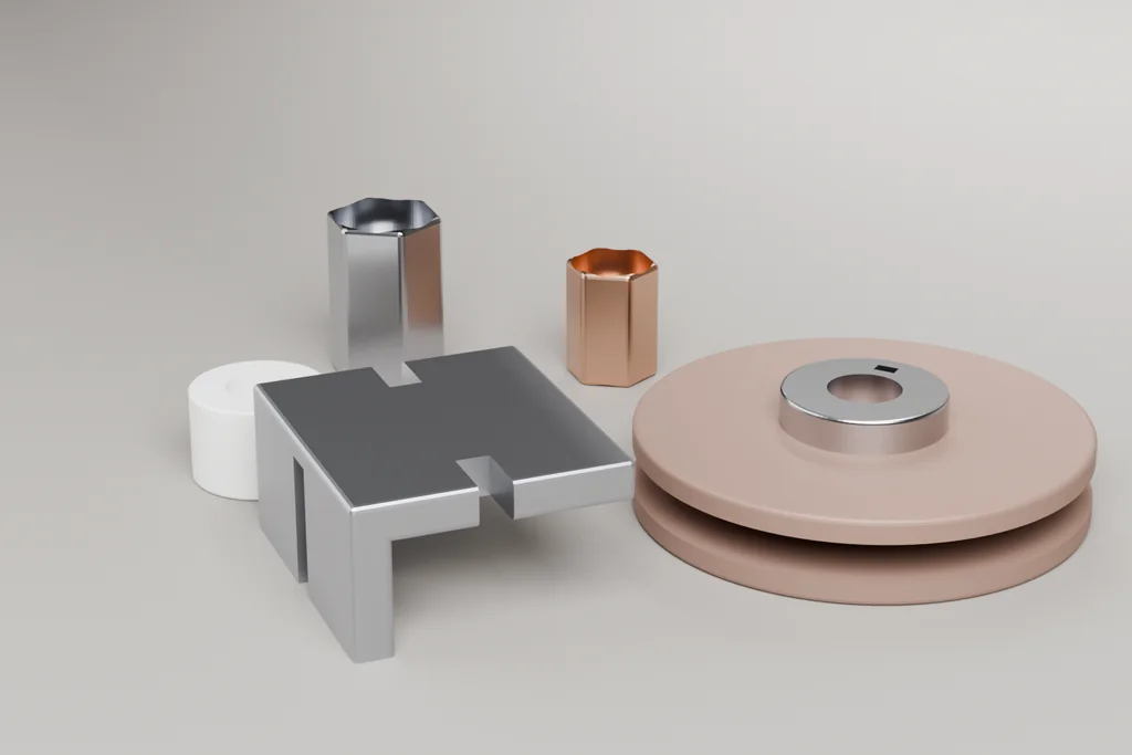 Machined parts on a bench: two hex standoffs, a grooved pulley with a steel hub, a slotted angle bracket and a nylon spacer.