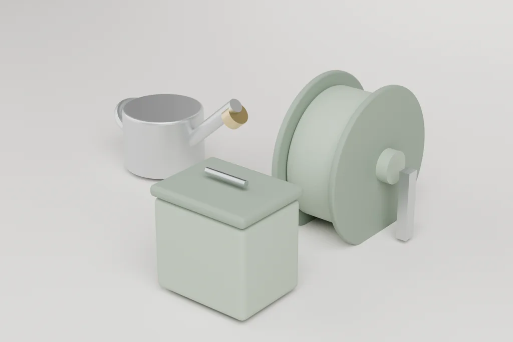 A zinc watering can with a brass rose, a wall-mounted hose reel in sage green, and a lidded compost caddy on a bench.