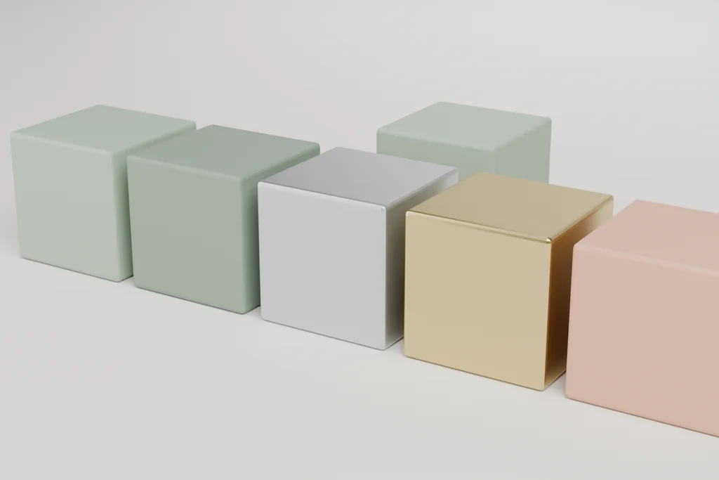 Six material samples: two sage greens, zinc, brass, terracotta and a dark moulding.