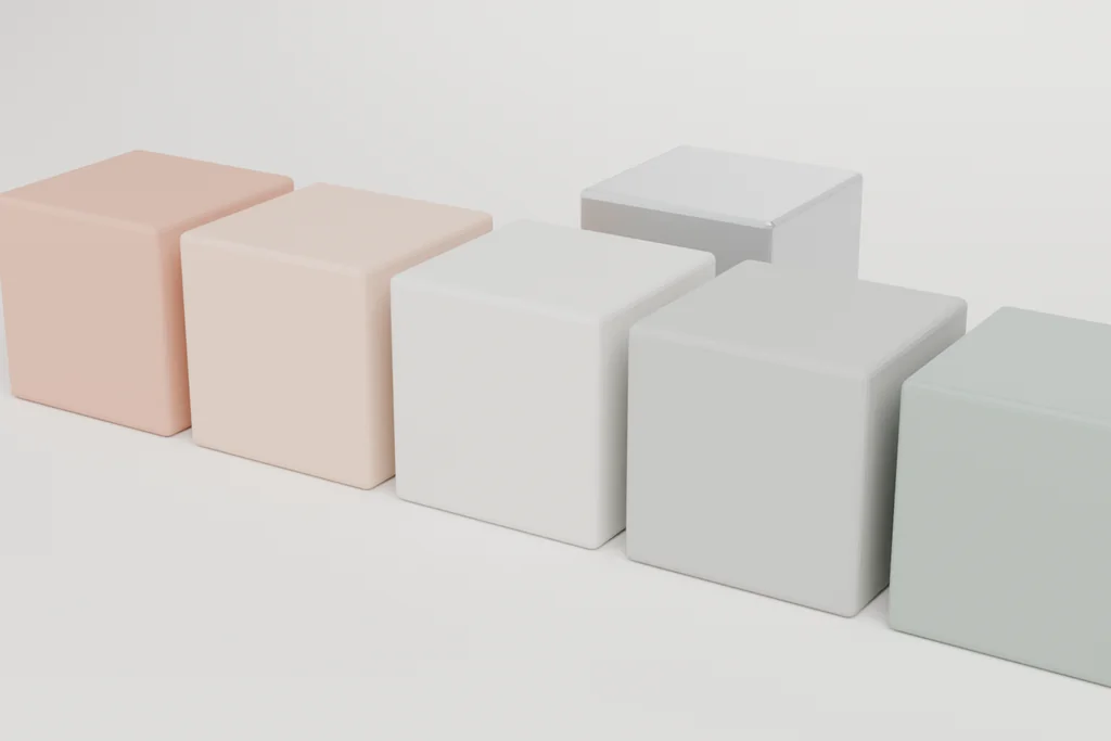 Six material samples: terracotta, pale terracotta, light stone, dark stone, powder-coated steel and zinc.
