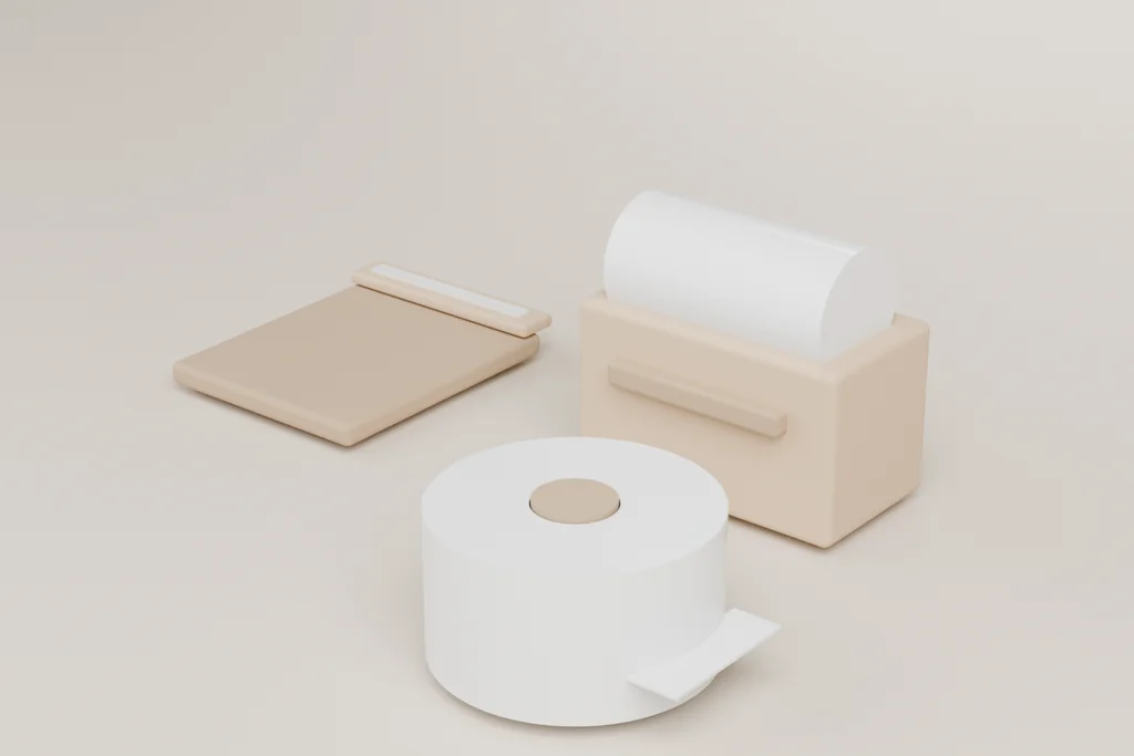 A kraft padded mailing bag with its seal flap, a bench void-fill dispenser holding a paper roll, and a roll of machine stretch film.