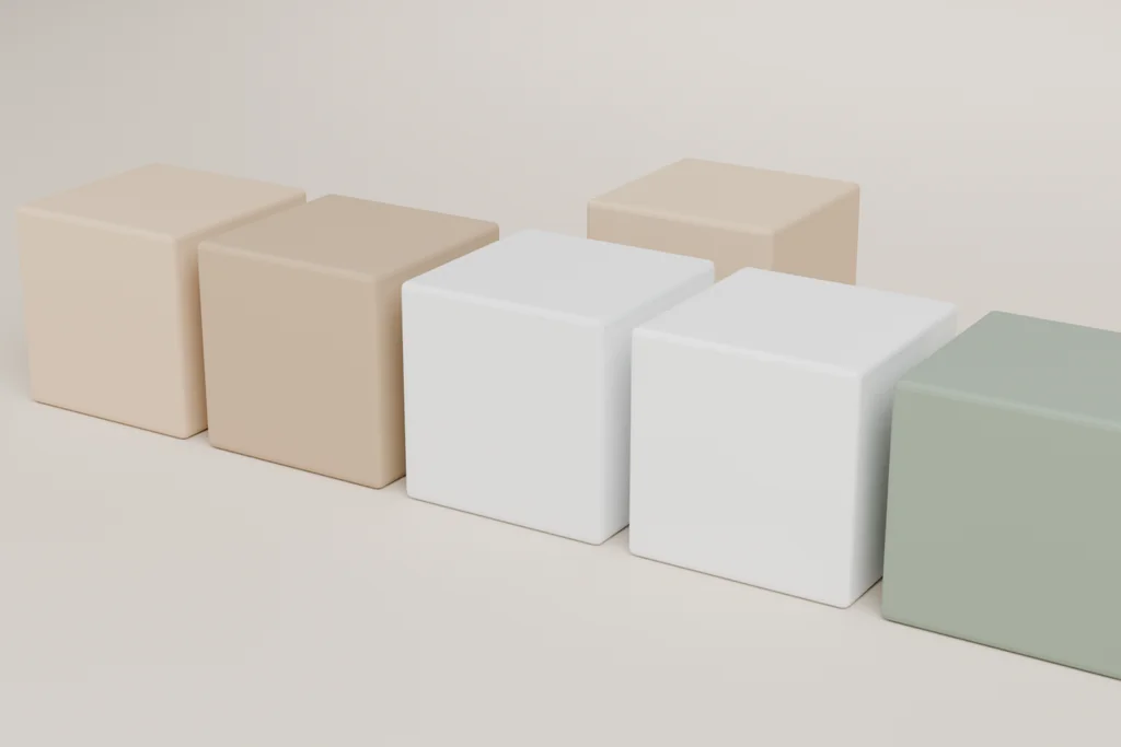 Six material samples: two kraft films, clear and translucent film, a dark kraft and a sage moulding.