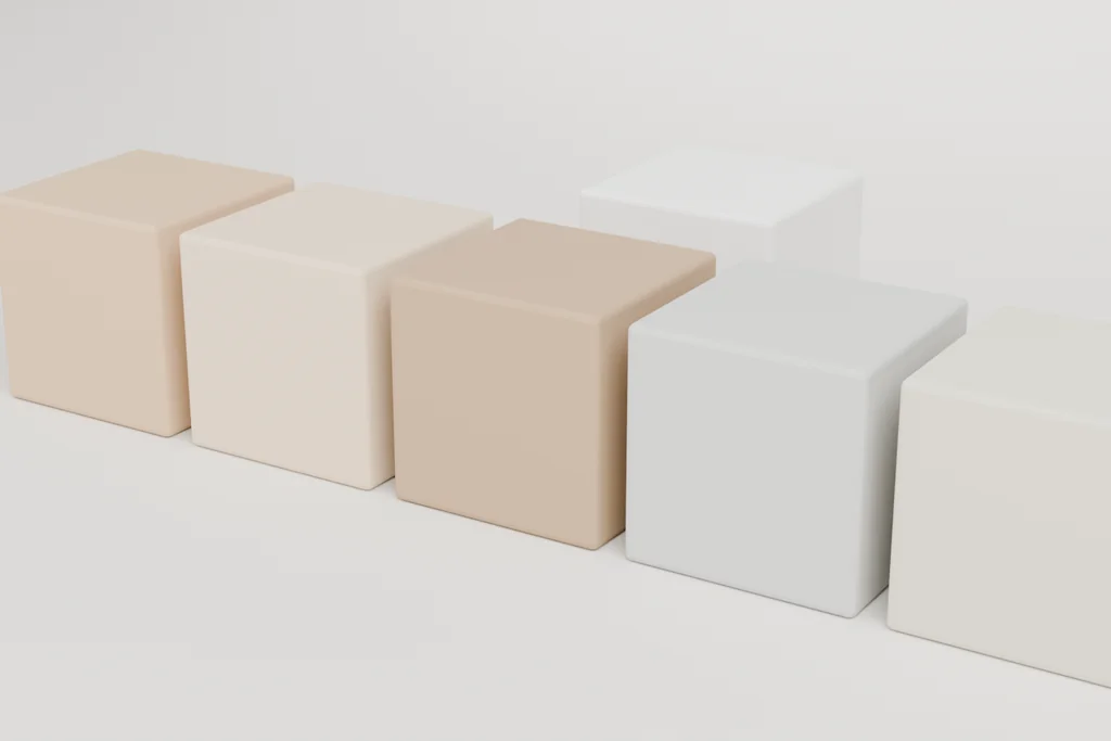 Six material samples: kraft board, pale kraft, dark kraft, grey board, moulded pulp and white board.