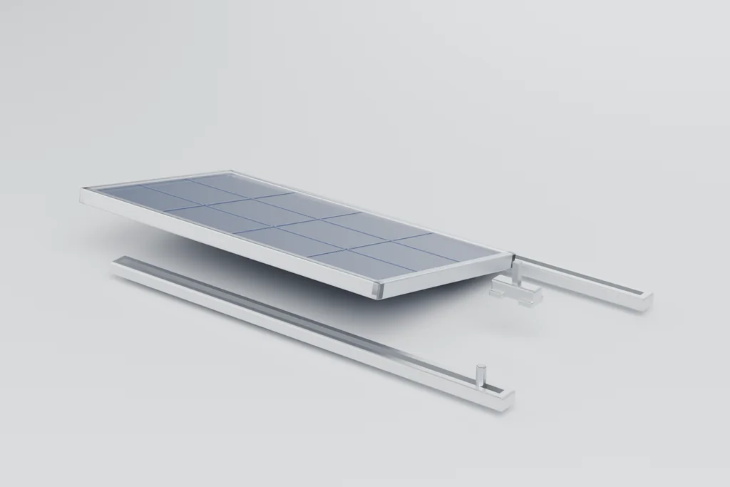 A framed photovoltaic module with a visible cell grid, resting on two extruded aluminium mounting rails with a clamp beside them.