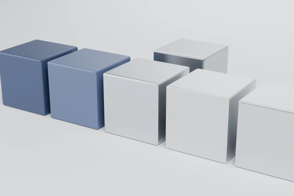 Six material samples: dark cell material, a second cell tone, aluminium frame, rail, clamp and bolt stock.