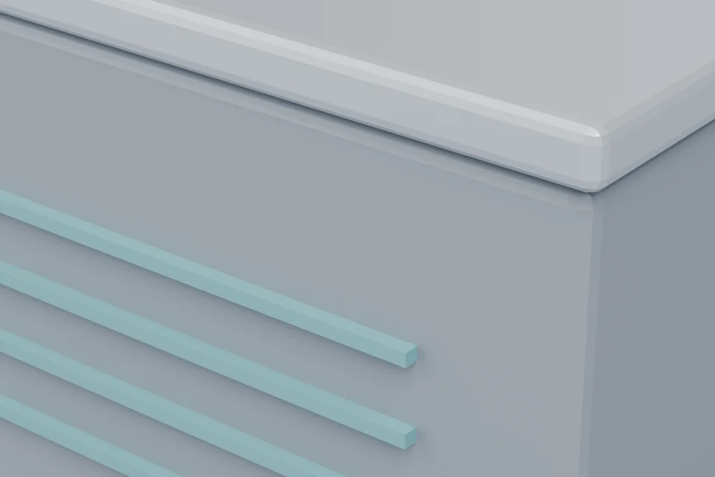 Close view of a vented battery enclosure showing the louvred vents, the gasketed lid edge and the feet.