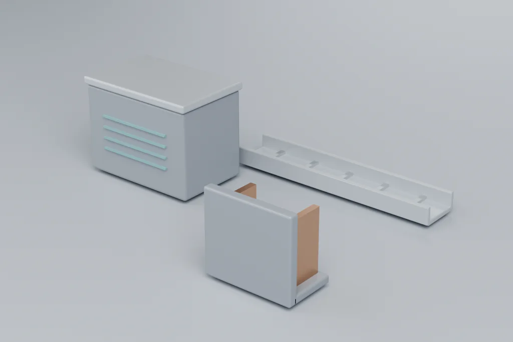 A vented battery enclosure in dark grey, a perforated cable tray run, and an inverter bracket standing off a surface.