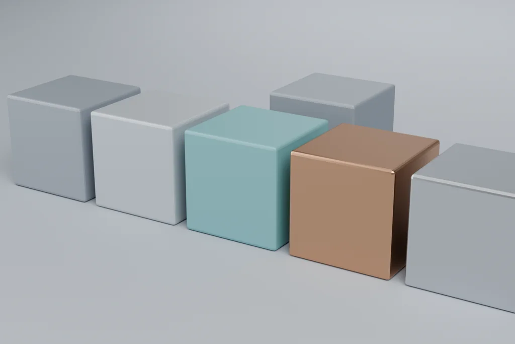 Six material samples: two dark slate greys, a teal, copper, steel and a lighter slate.