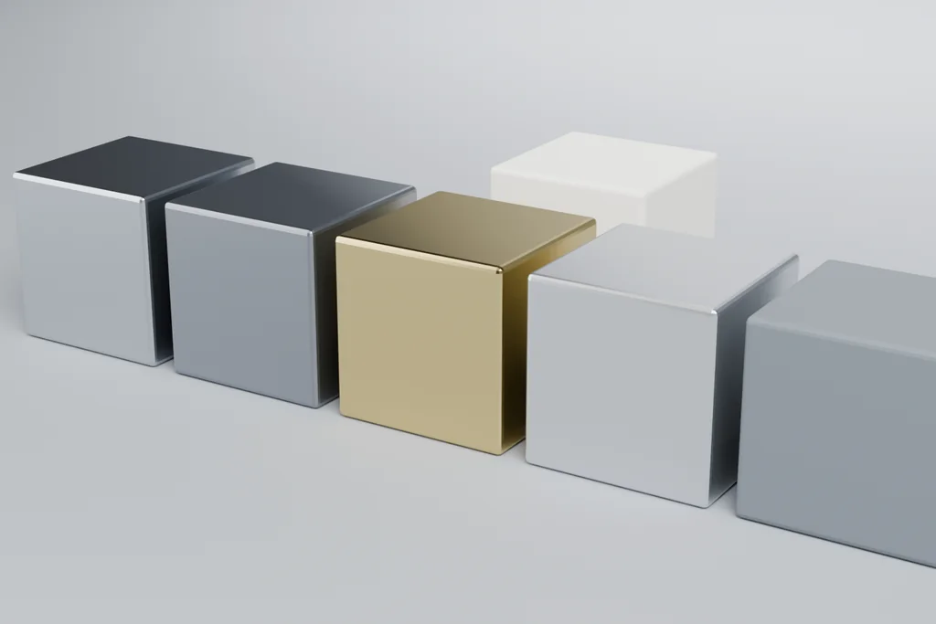 Six material samples: bright shell metal, dark shell metal, gold, tin, a dark moulded body and a pale insulator.