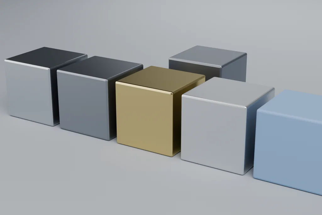 Six material samples: bright and dark shell metals, gold, tin, a grey insulator and a dark blue body.
