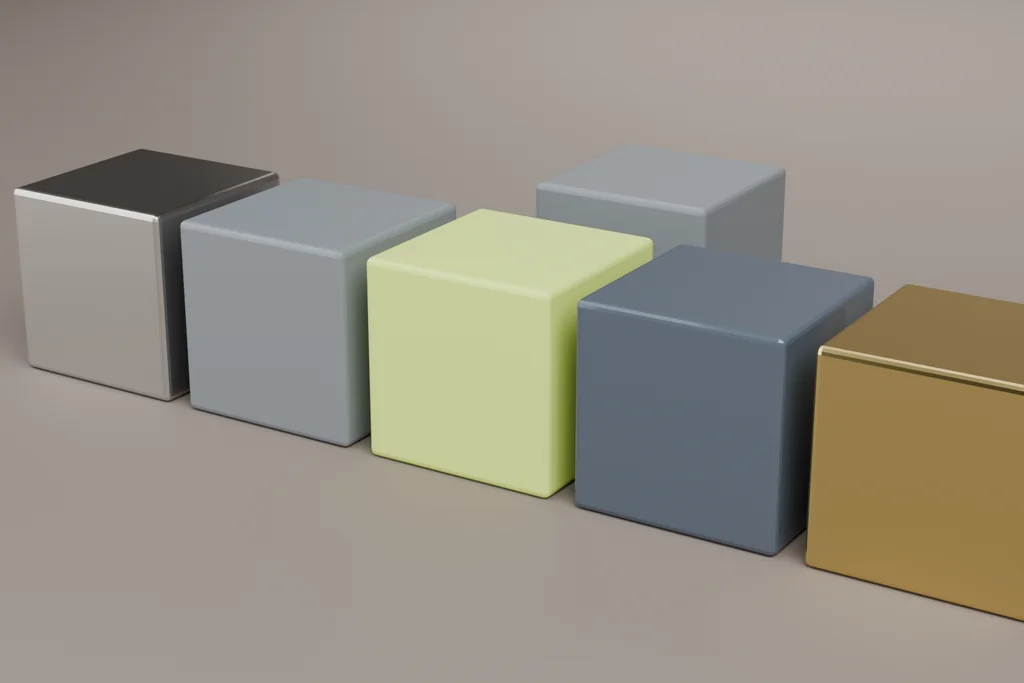 Six material samples: titanium, two sport greys, a lime accent, a dark lens and gold.