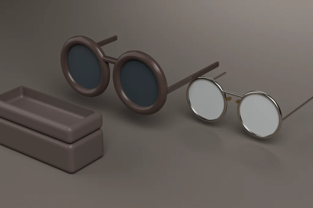 An acetate frame with dark lenses, a thin metal wire frame with clear lenses, and a clamshell case with its lid open.