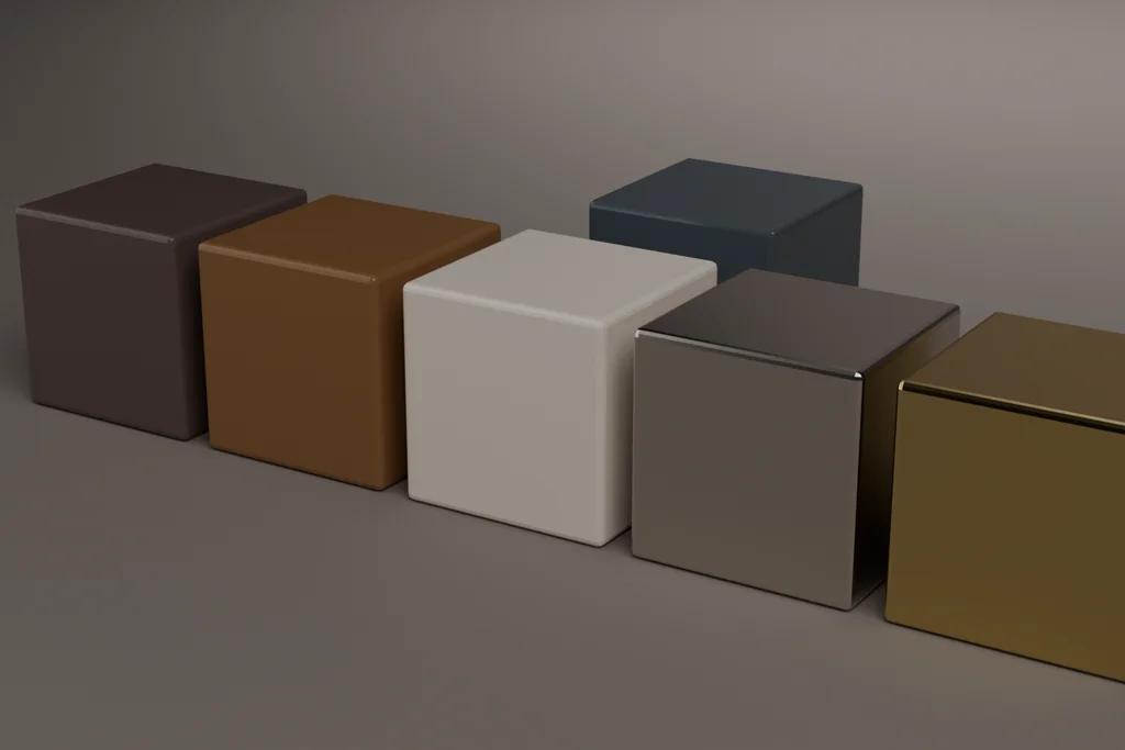Six material samples: dark acetate, tortoise acetate, pale acetate, polished metal, gold and lens material.