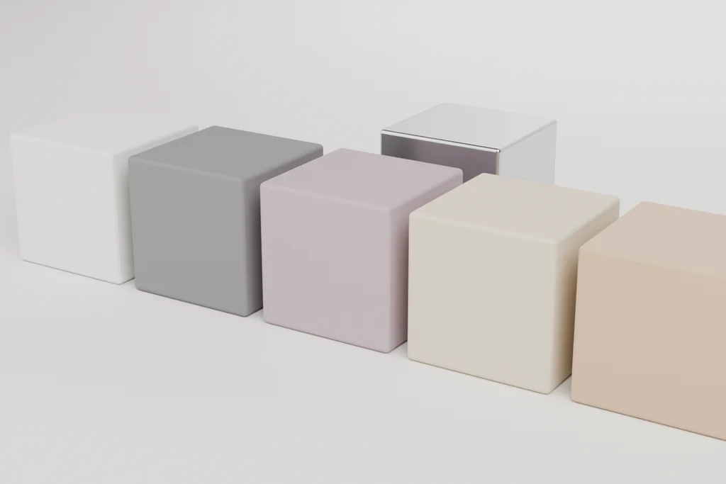 Six material samples: cream knit, dark knit, lilac knit, tan knit, beech and chrome.
