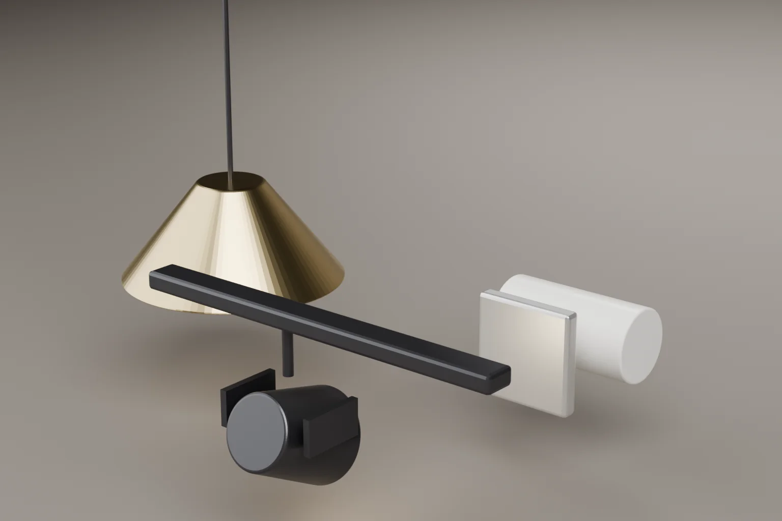 A brass pendant shade, a white wall light and a black track spotlight on a dark surface.