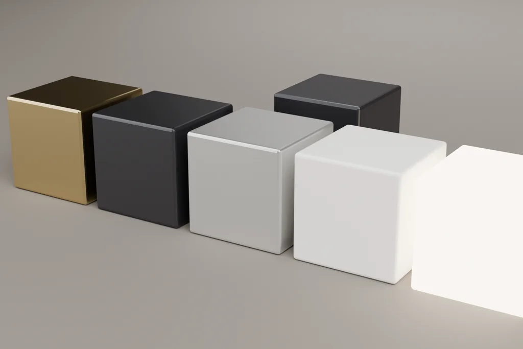 Six material samples: brass, black metal, white metal, an opal diffuser and two warm glow tones.