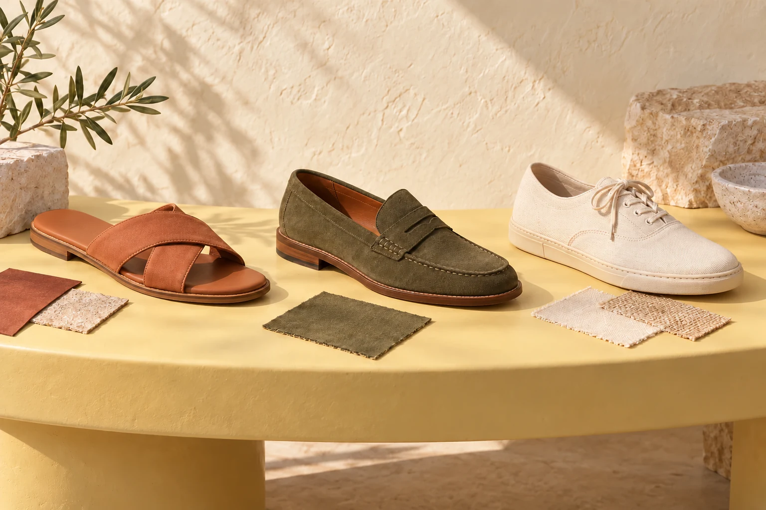 Three unbranded footwear concepts: terracotta sandal, olive loafer and ecru lace-up on a pale yellow bench