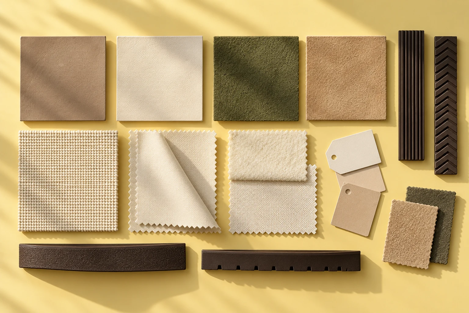 Illustrative smooth, suede and canvas swatches with unmarked lining and outsole samples
