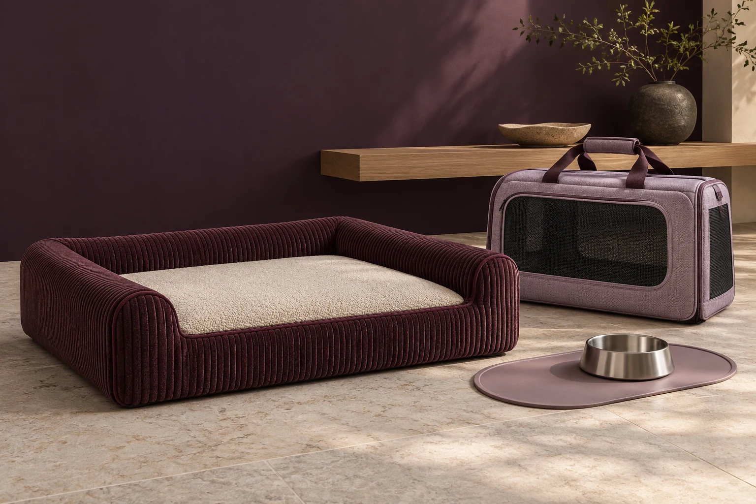 Burgundy daybed, lilac soft carrier and mauve station mat in a fictional interior product concept