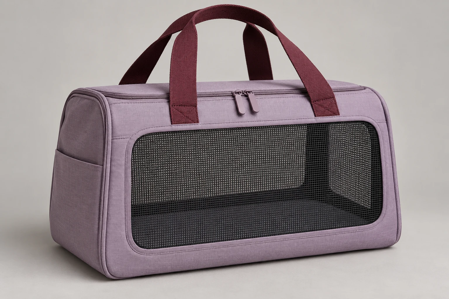 Lilac structured soft carrier with burgundy handles and black side mesh, original AI product concept
