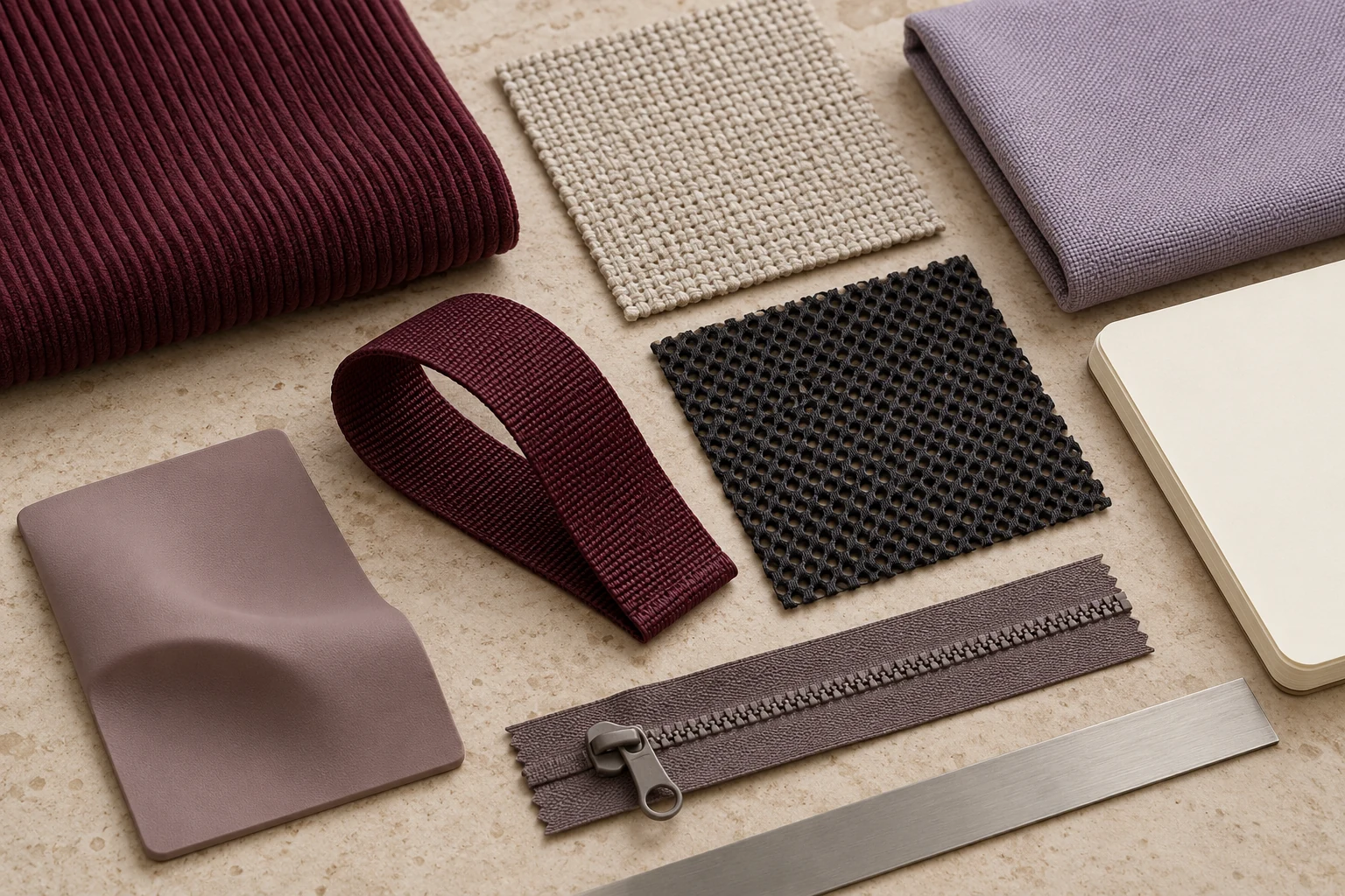 Ribbed upholstery, woven shell, mesh, webbing and molded surface samples, original AI material concept