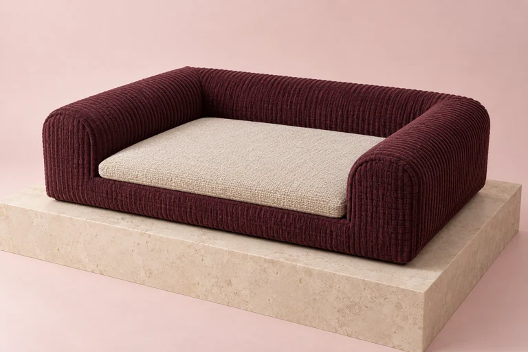 Rectangular burgundy ribbed daybed with an oatmeal cushion, original AI product concept