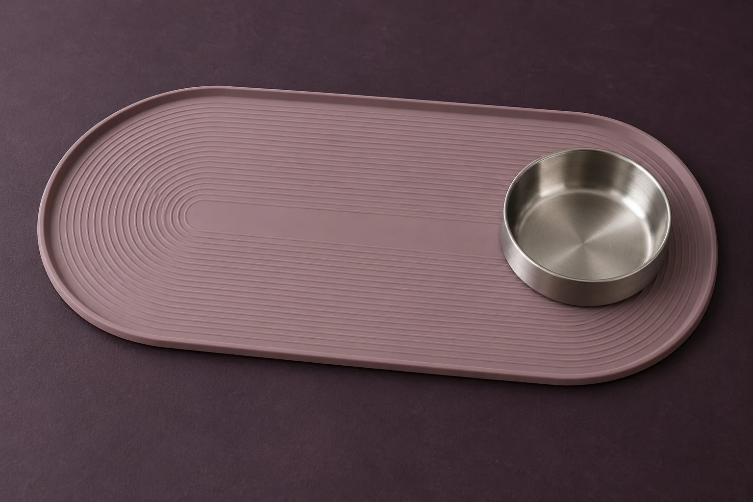 Mauve grooved oval station mat with one empty bowl used only as a prop, original AI product concept