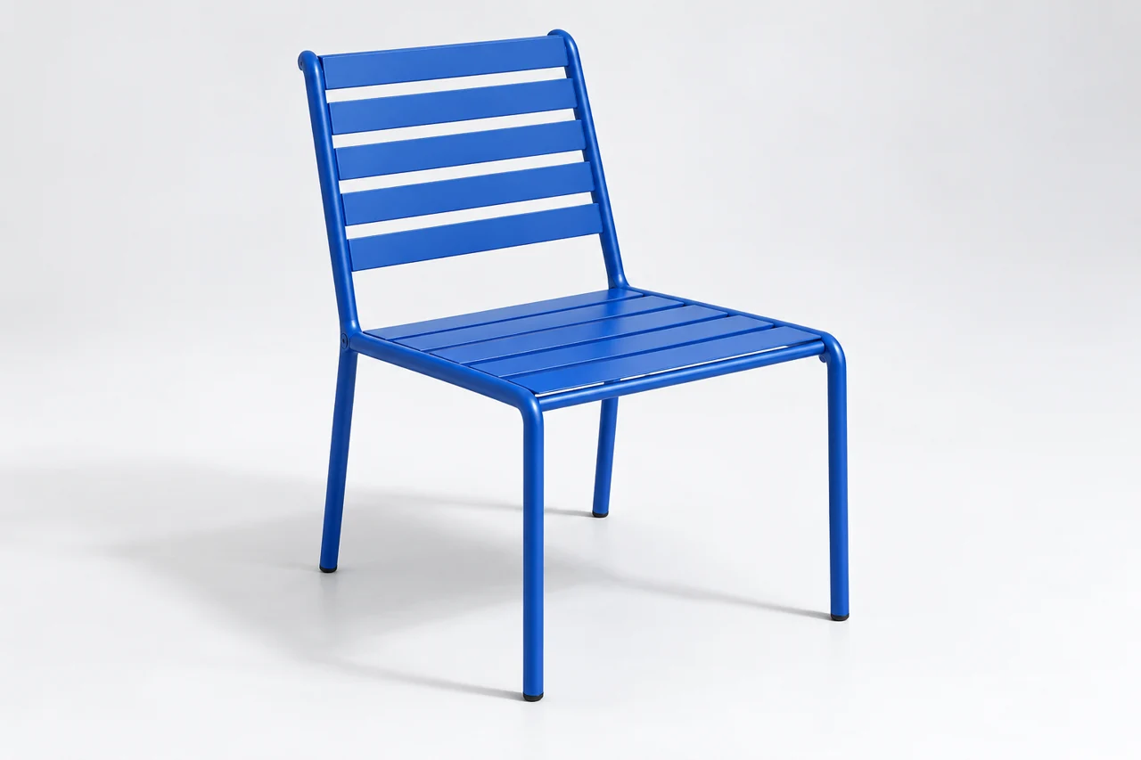 Original AI product concept: cobalt blue slatted side chair on a white background.