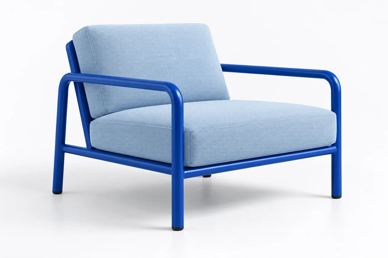 Original AI product concept: blue tubular lounge chair with separate pale-blue cushions.