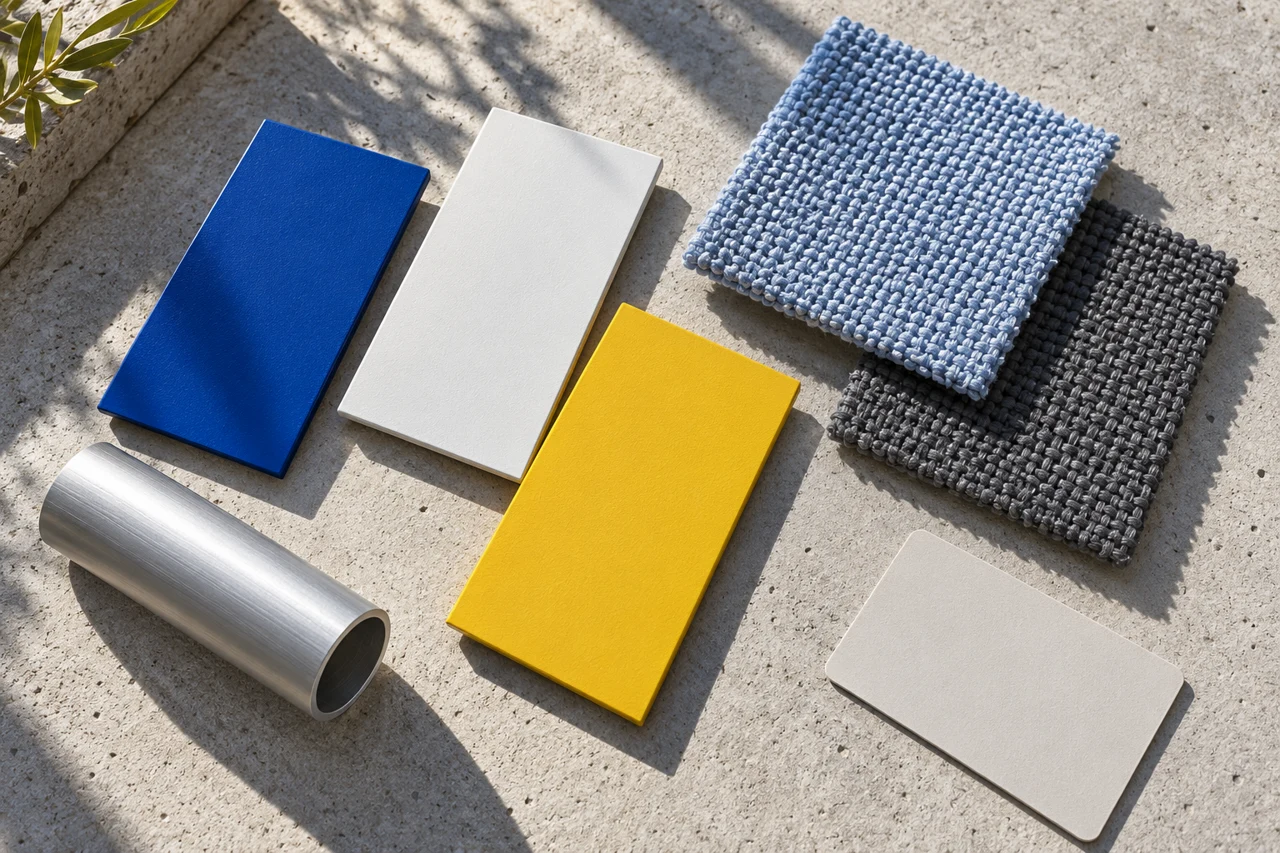 Original AI concept: blue, chalk and yellow finish chips, woven swatches and a silver tubular section.