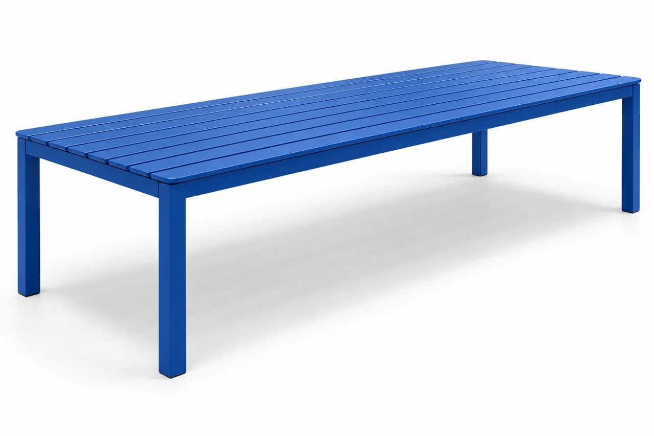 Original AI product concept: cobalt blue rectangular slatted table with four legs.