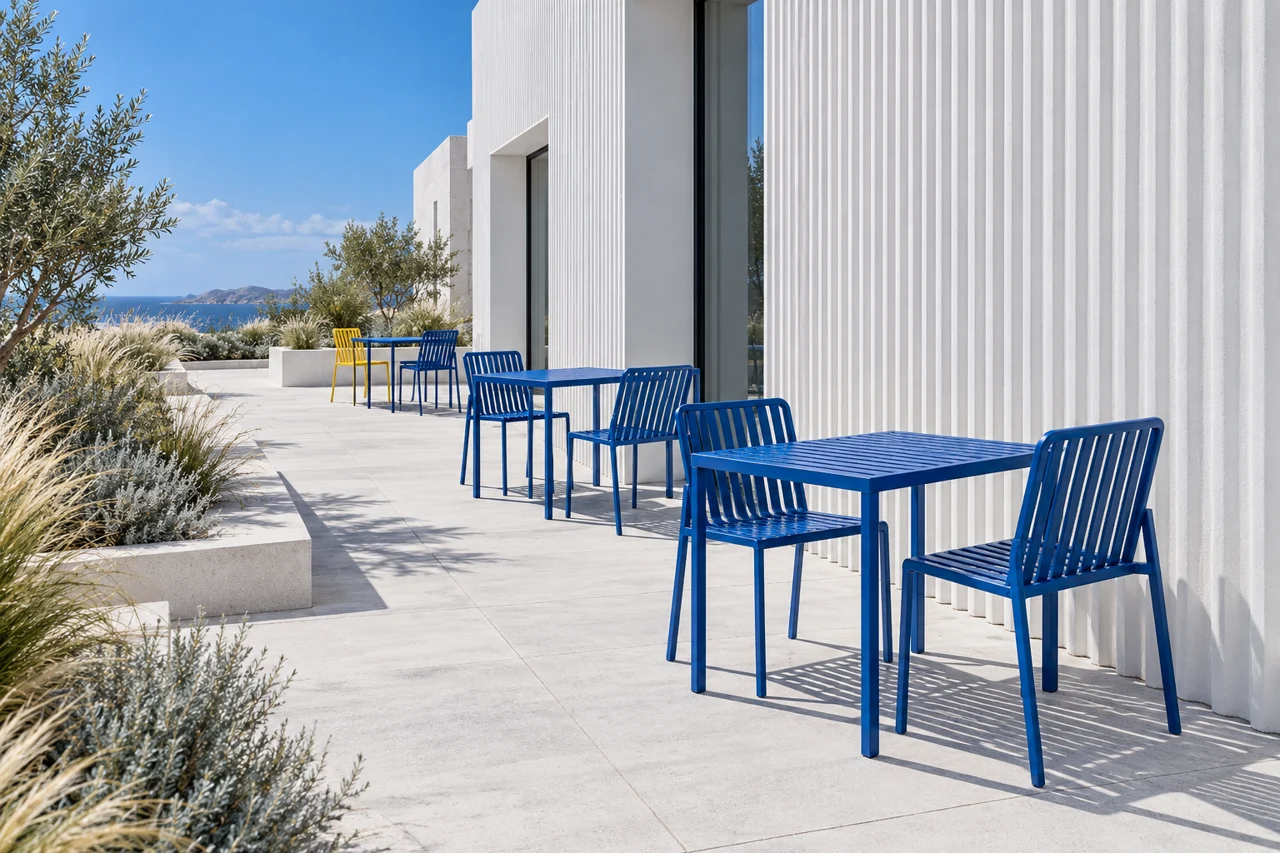 Original AI setting concept: repeated blue table-and-chair groups beside a pale ribbed facade.
