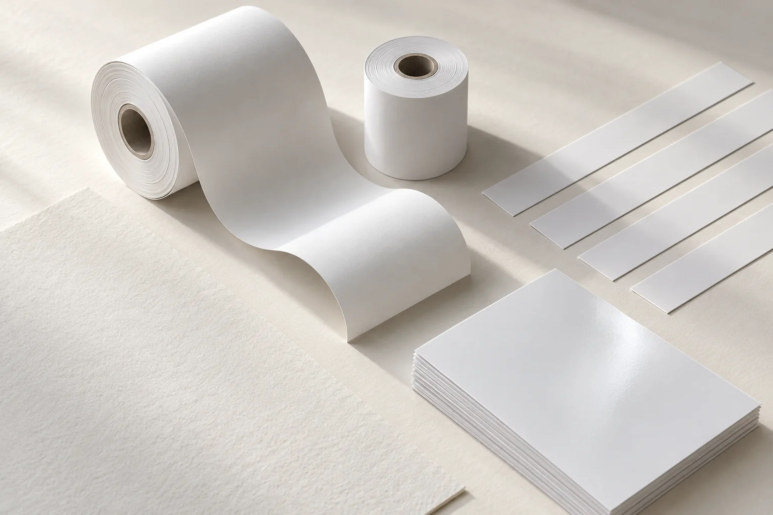 Unbranded note-paper rolls, label tapes and photo stock