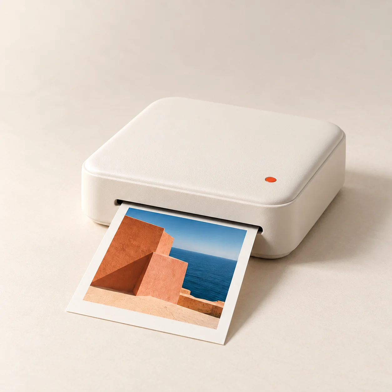 Frame 03 fictional Portable photo printer concept on a warm paper surface